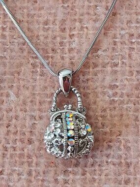 Silver Tone Necklace with 3D Purse Pendant, Filigree with Rhinestones